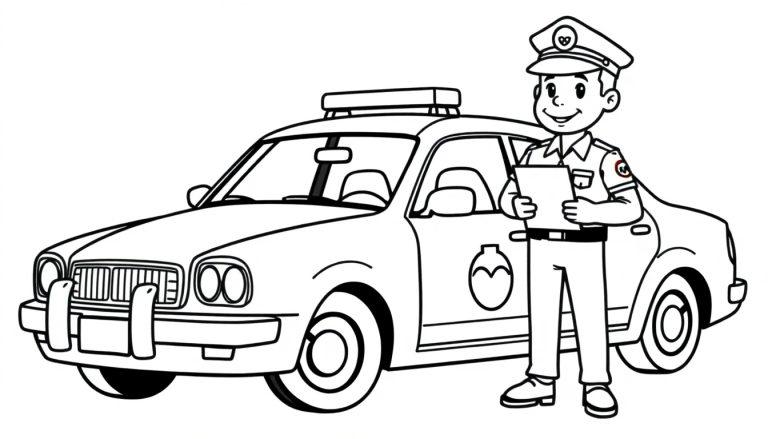 Een kleurplaat van een vriendelijke politieagent naast een politieauto.