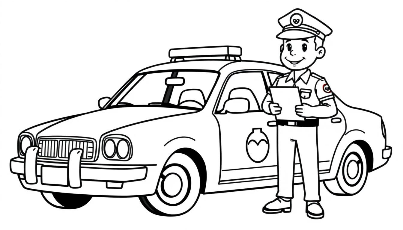 Een kleurplaat van een vriendelijke politieagent naast een politieauto.