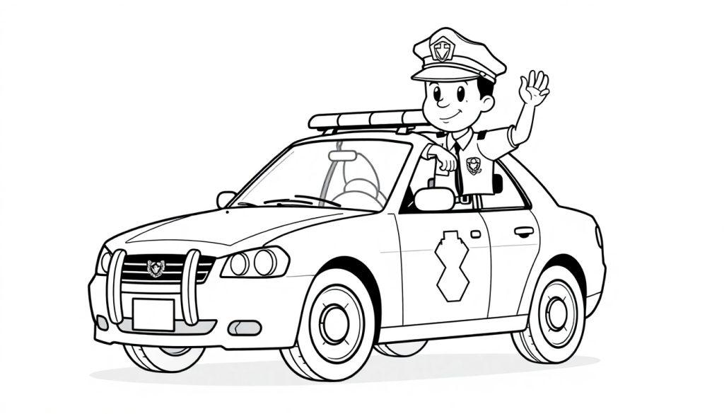 Kleurplaat van een vrolijke politieagent die zwaait vanuit een politieauto.