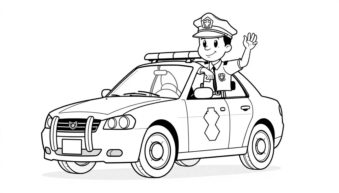 Kleurplaat van een vrolijke politieagent die zwaait vanuit een politieauto.