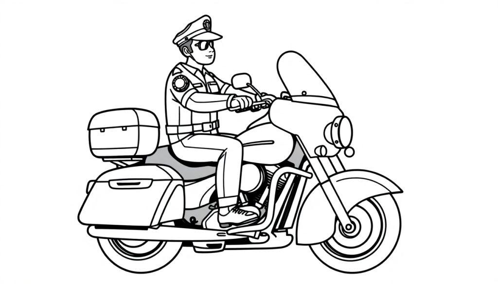 Kleurplaat van een politieagent op een motorfiets, met een uniform, pet en zonnebril.