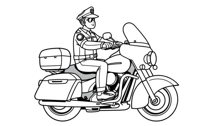 Kleurplaat van een politieagent op een motorfiets, met een uniform, pet en zonnebril.