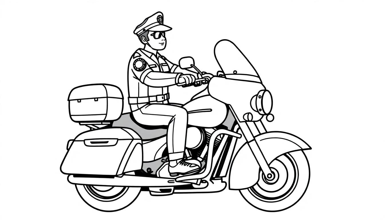 Kleurplaat van een politieagent op een motorfiets, met een uniform, pet en zonnebril.