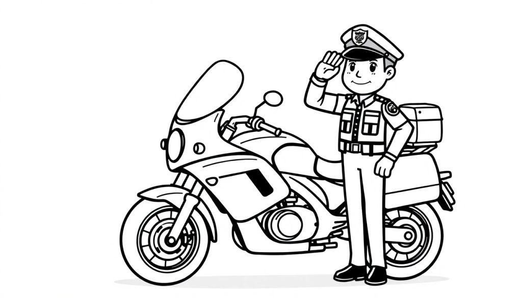 Kleurplaat van een politieagent die naast een politiemotor staat en saluteert.