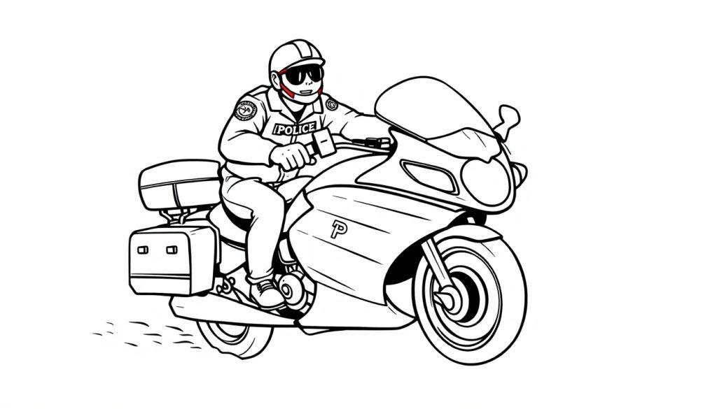 Kleurplaat van een politieagent die op een motor rijdt met uniform en helm.