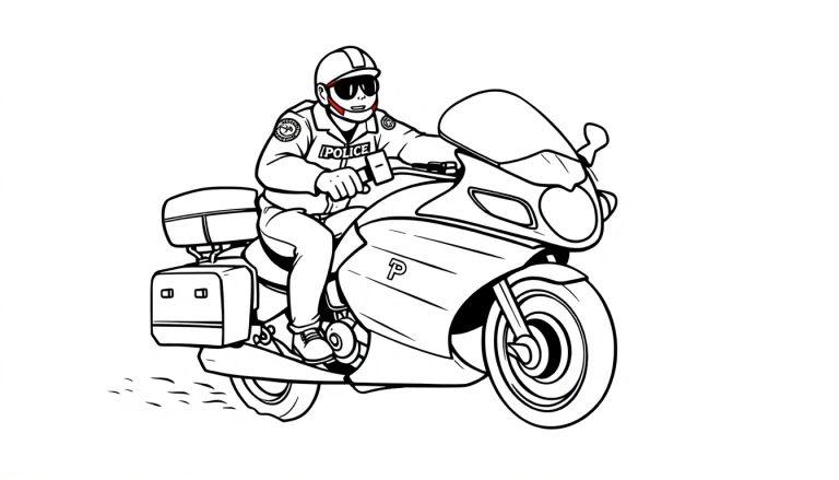 Kleurplaat van een politieagent die op een motor rijdt met uniform en helm.