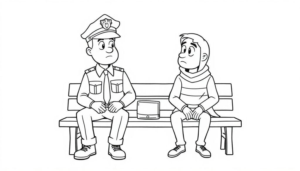 Kleurplaat van een politieagent en een jonge boef die op een bank zitten en elkaar serieus aankijken.