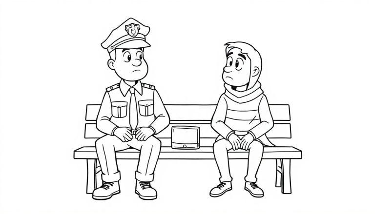 Kleurplaat van een politieagent en een jonge boef die op een bank zitten en elkaar serieus aankijken.