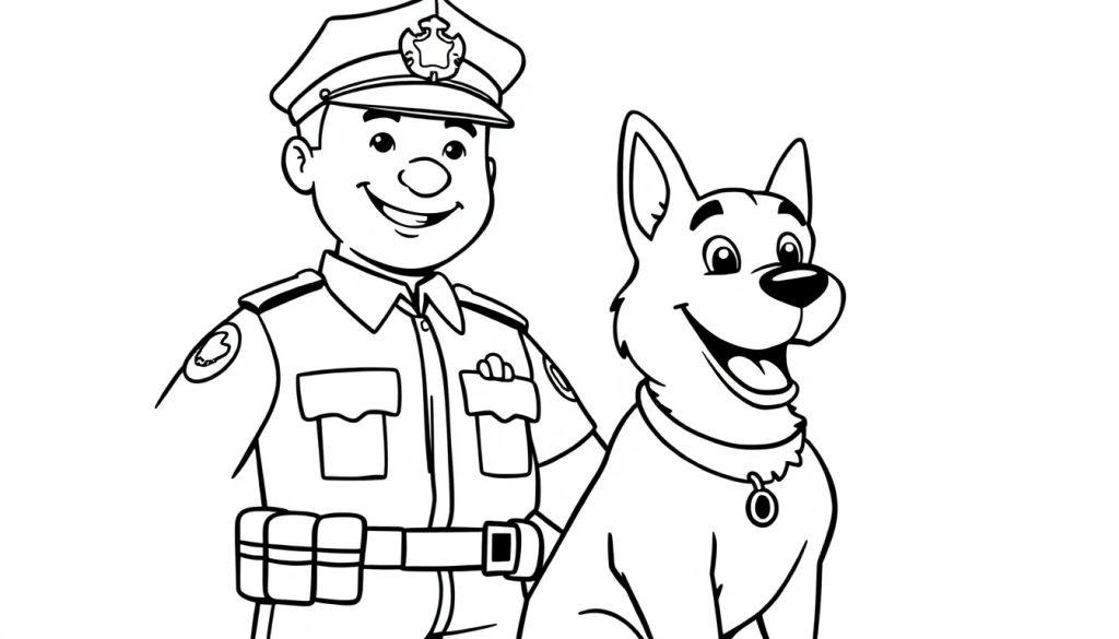 Kleurplaat van een blije politieagent en een vrolijke politiehond.