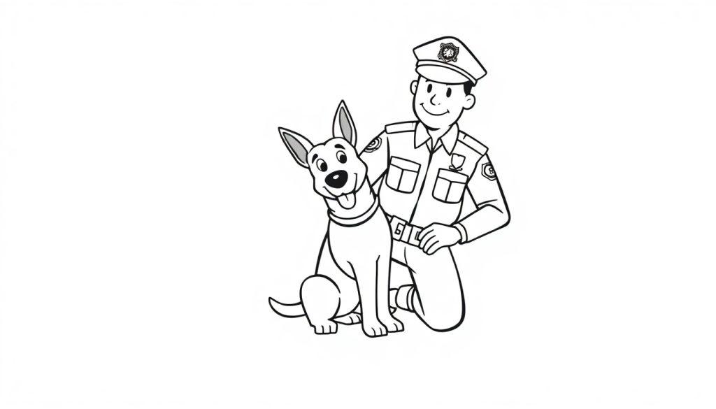 Een kleurplaat van een politieagent met een vriendelijke politiehond in tekenstijl.