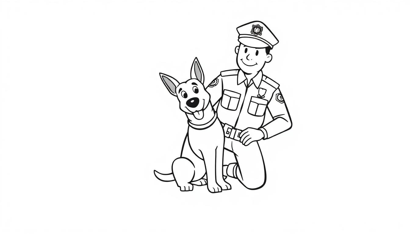 Een kleurplaat van een politieagent met een vriendelijke politiehond in tekenstijl.