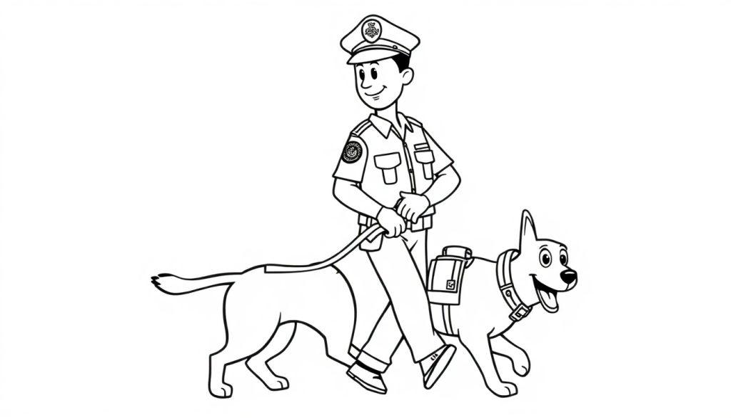 Kleurplaat van een politieagent met een politiehond in zwart-wit cartoonstijl.