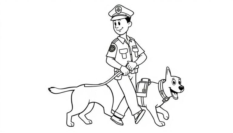 Kleurplaat van een politieagent met een politiehond in zwart-wit cartoonstijl.