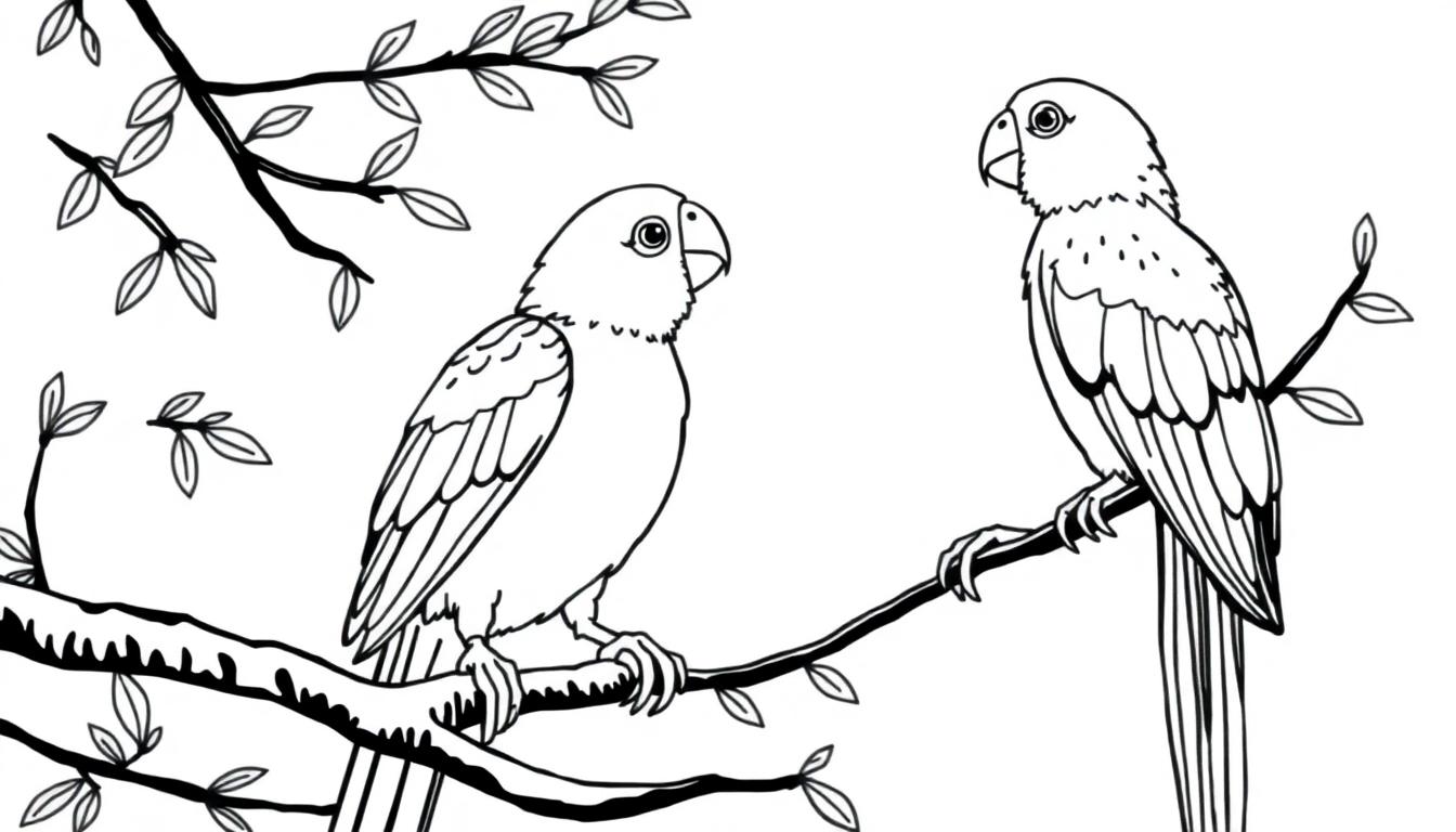 Een kleurplaat van twee sierlijke vogels met lange staarten, zittend op takken van een boom met bladeren.