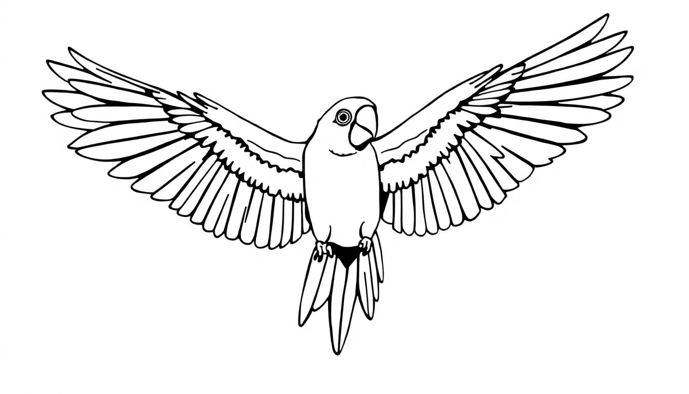 Kleurplaat van een vliegende papegaai met gespreide vleugels en een lange staart.