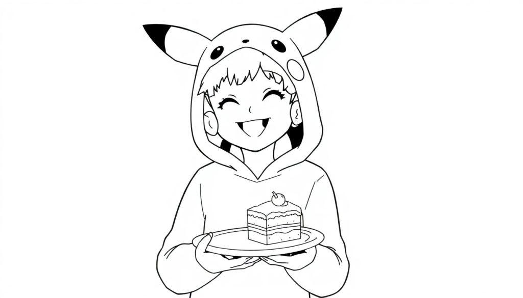 Een zwart-wit kleurplaat van een vrolijk persoon in een Pikachu-hoodie die taart vasthoudt.