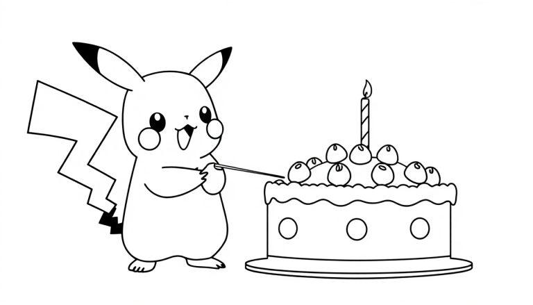 Kleurplaat van een lachende Pikachu die met een stokje naar een taart wijst, met kersen en een brandende kaars bovenop.