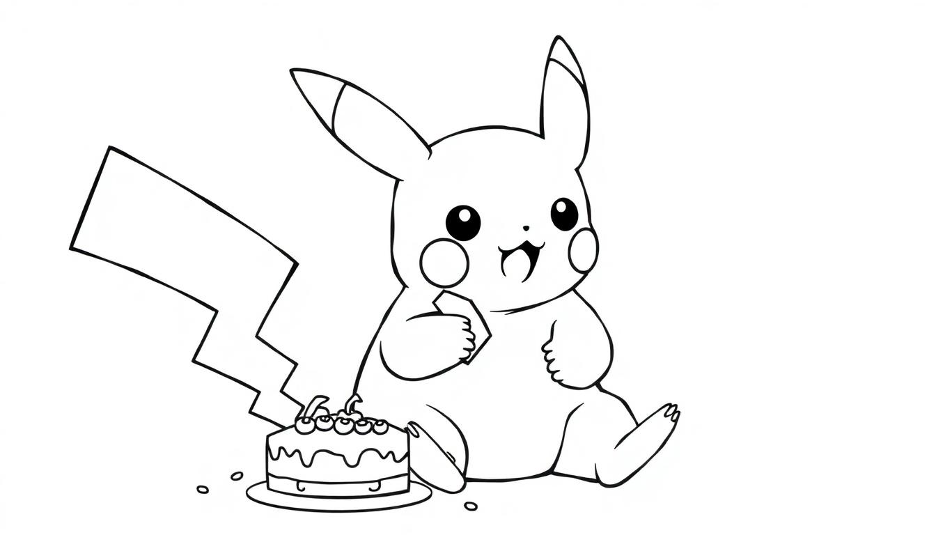 Kleurplaat van een persoon verkleed als Pikachu die naast een vrolijke taart zit.