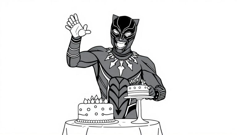 Kleurplaat van een vrolijke superheld in een zwart pak met katachtig masker, staand achter een tafel met twee taarten.