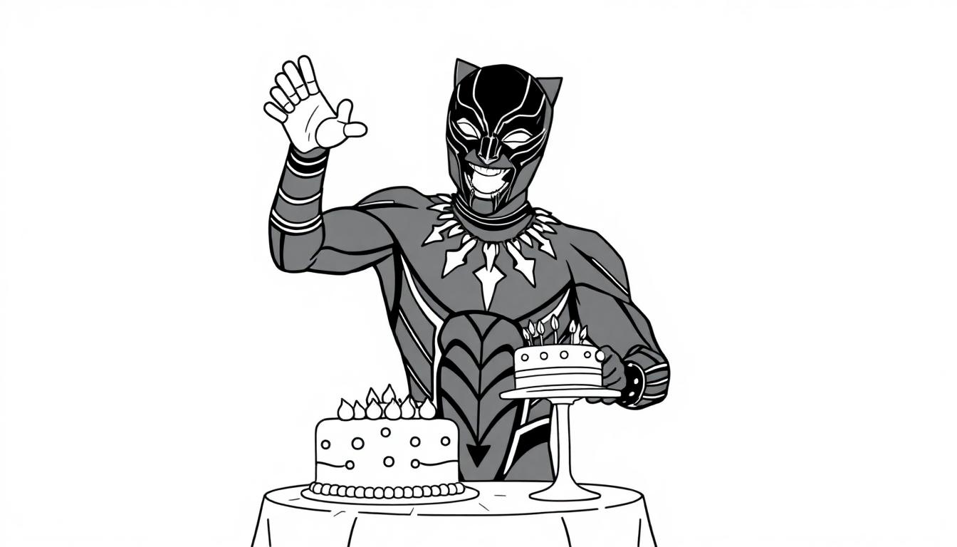 Kleurplaat van een vrolijke superheld in een zwart pak met katachtig masker, staand achter een tafel met twee taarten.