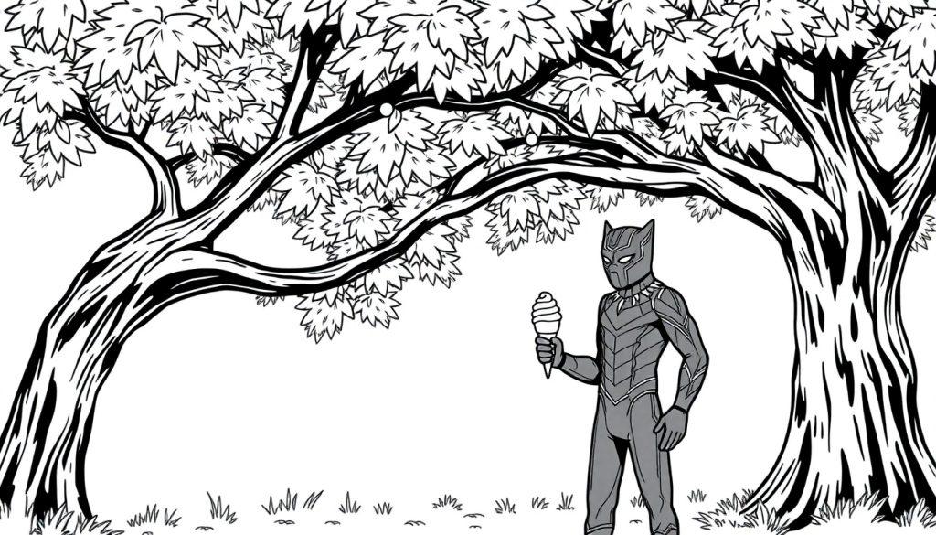 Kleurplaat van een persoon in een stoer masker met spitse oren, die een ijsje eet onder een grote boom.