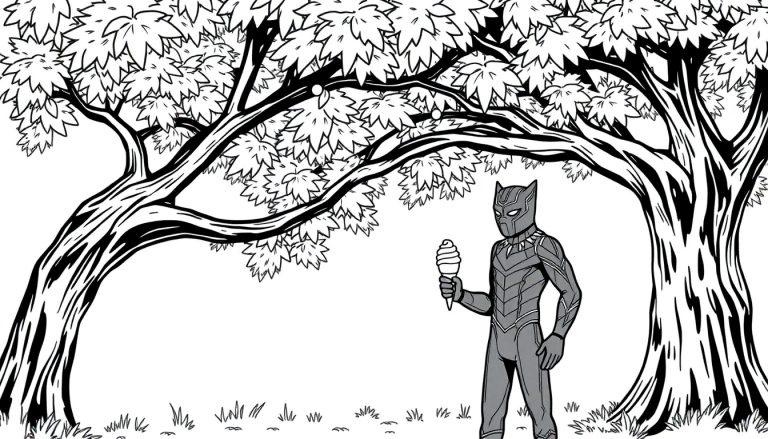 Kleurplaat van een persoon in een stoer masker met spitse oren, die een ijsje eet onder een grote boom.