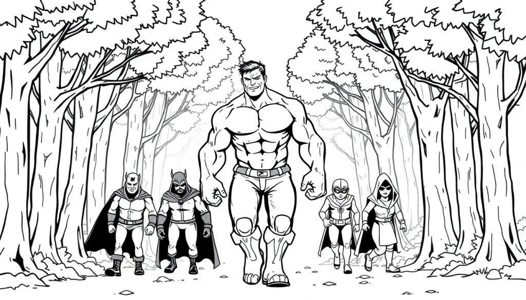 Zwart-wittekening van vijf stripsuperheldachtige figuren die door een bos lopen.