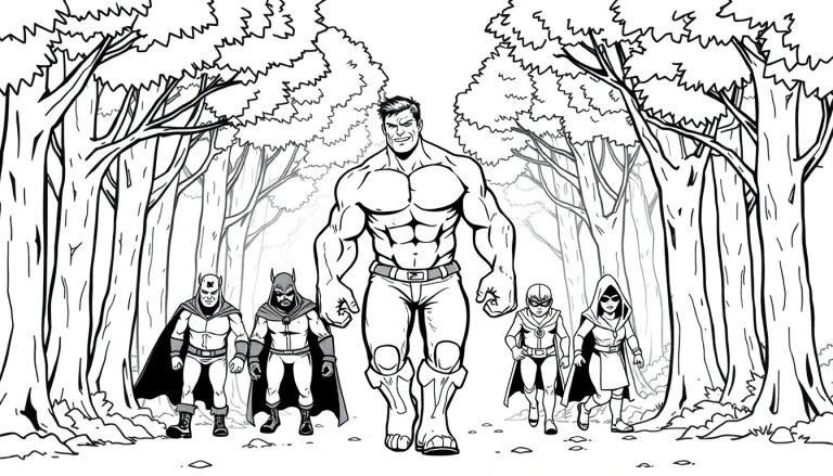 Zwart-wittekening van vijf stripsuperheldachtige figuren die door een bos lopen.