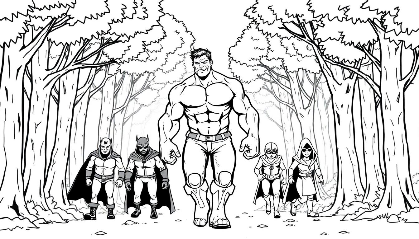 Zwart-wittekening van vijf stripsuperheldachtige figuren die door een bos lopen.