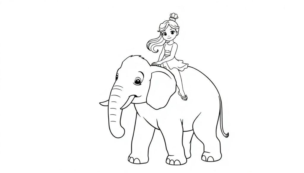 Kleurplaat van een meisje op een olifant.