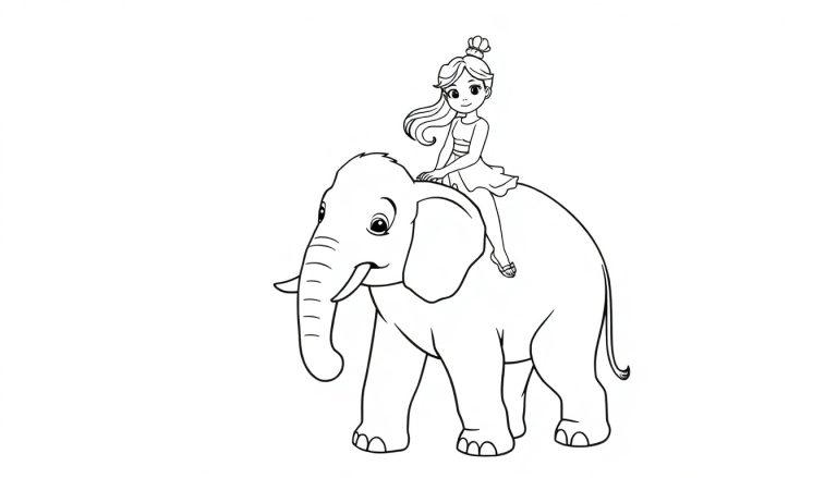 Kleurplaat van een meisje op een olifant.