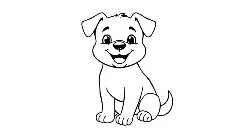 Een vrolijke kleurplaat van een puppy die naar de camera lacht.