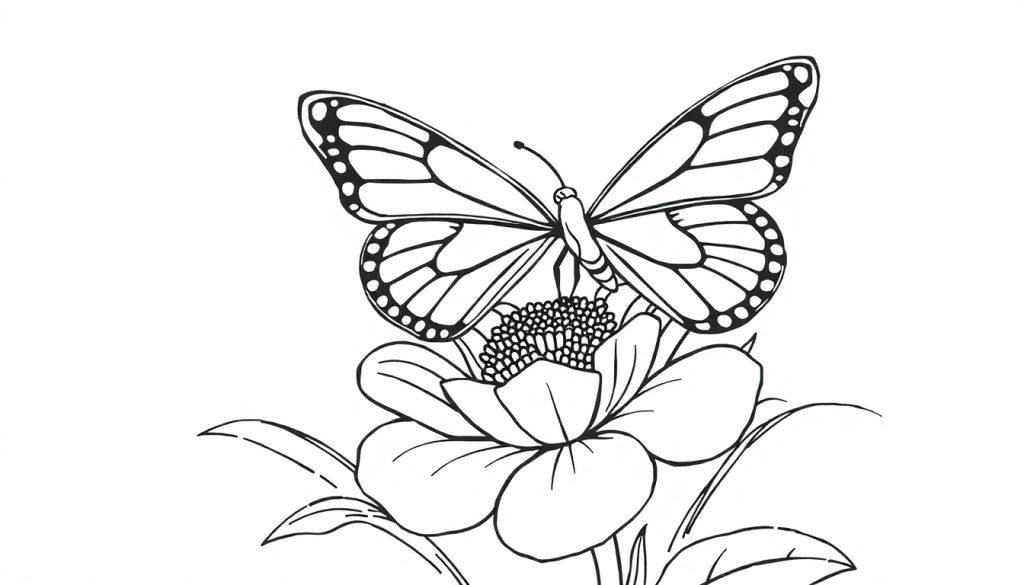 Een zwart-wit kleurplaat van een vlinder op een bloem met bladeren.