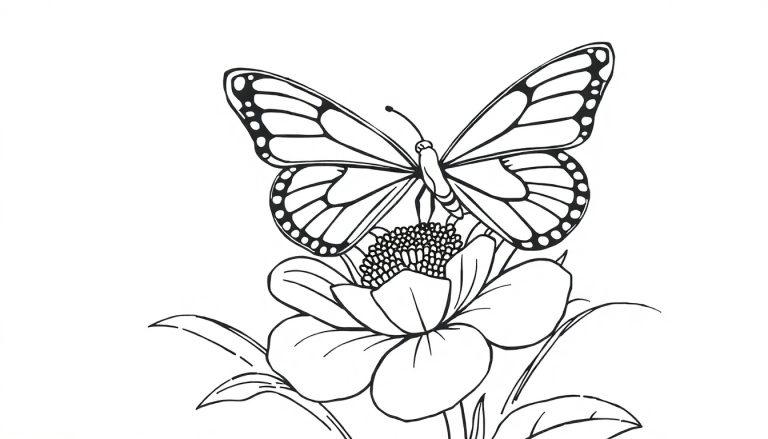 Een zwart-wit kleurplaat van een vlinder op een bloem met bladeren.