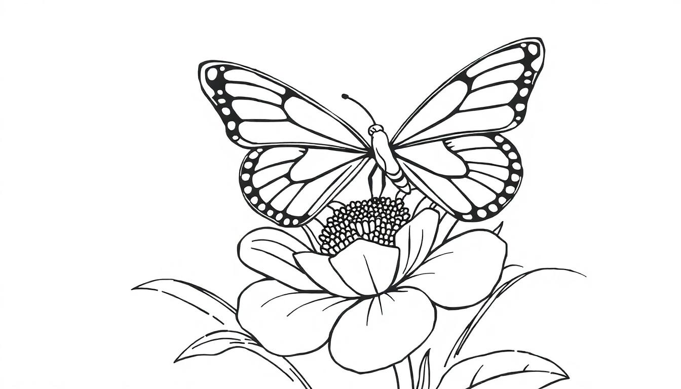 Een zwart-wit kleurplaat van een vlinder op een bloem met bladeren.