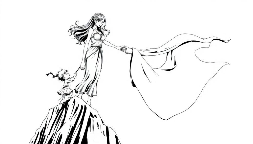 Een kleurplaat met een vrouw en een meisje op een rots, omringd door een wapperende sluier. Het beeld heeft een symbolisch en dynamisch karakter.