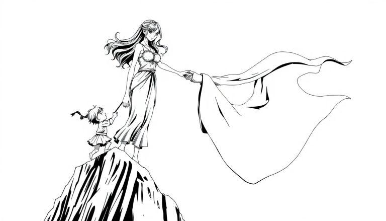 Een kleurplaat met een vrouw en een meisje op een rots, omringd door een wapperende sluier. Het beeld heeft een symbolisch en dynamisch karakter.