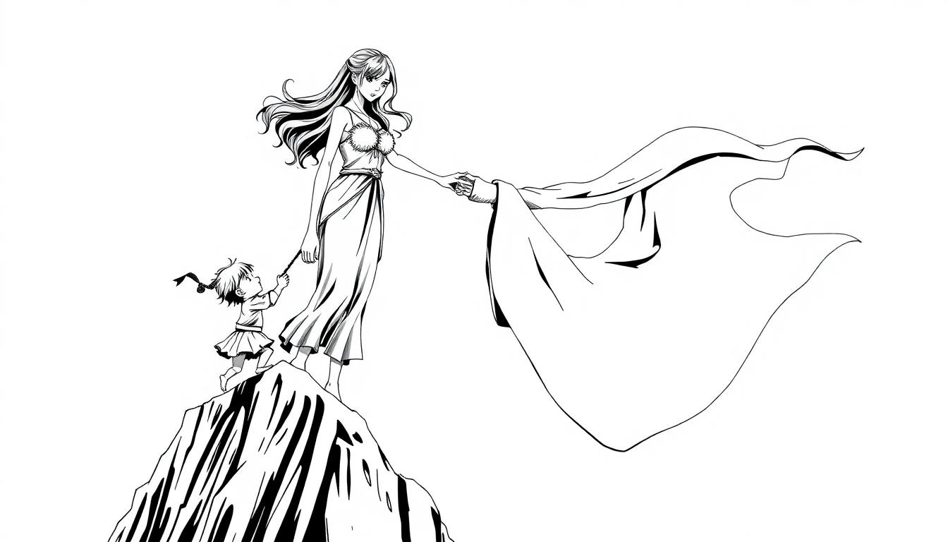 Een kleurplaat met een vrouw en een meisje op een rots, omringd door een wapperende sluier. Het beeld heeft een symbolisch en dynamisch karakter.