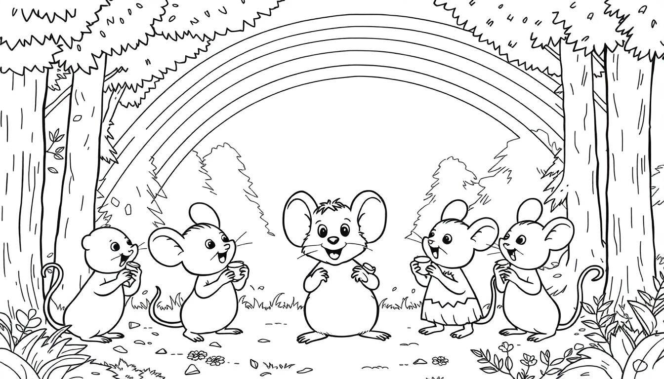 Kleurplaat met vrolijke muizen op een feestje in een bos met een regenboog op de achtergrond.