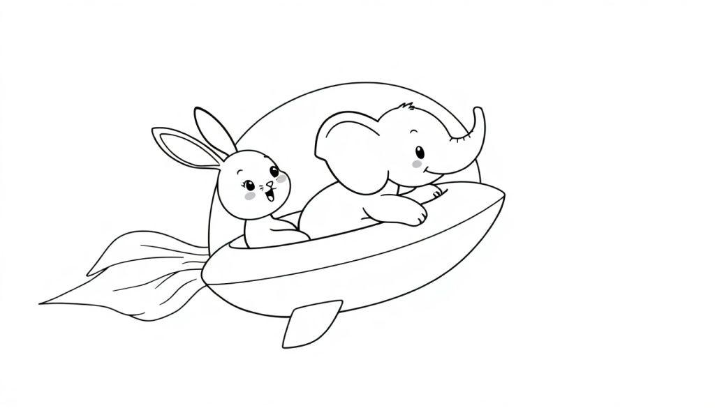 Een kleurplaat van een konijn en een olifant in een fantasievoertuig dat lijkt op een combinatie van een vliegtuig en een vis.