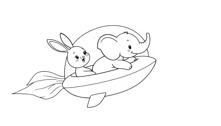 Een kleurplaat van een konijn en een olifant in een fantasievoertuig dat lijkt op een combinatie van een vliegtuig en een vis.
