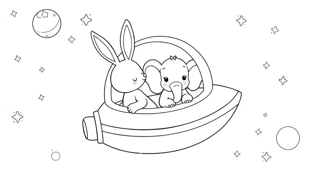 Een kleurplaat van een konijntje en een olifantje in een ruimteschip, omringd door sterren en planeten.