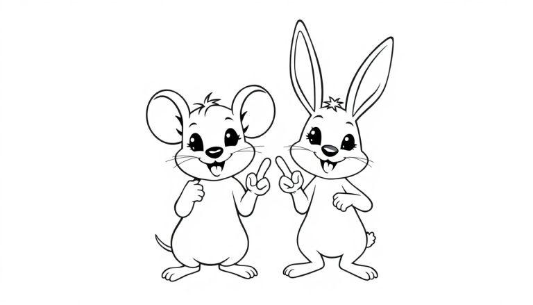 Een vrolijke muis en een konijntje met lange oren in een zwart-witte lijntekening. Ze staan rechtop en lachen alsof ze een grap delen. Ideaal als kleurplaat!