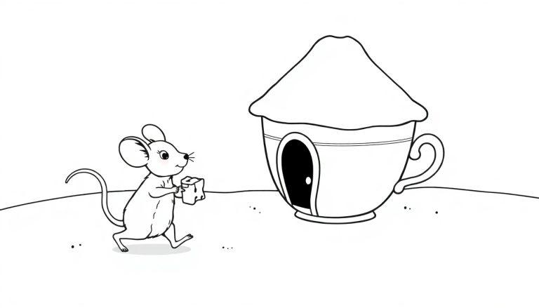 Kleurplaat van een schattig muisje met kaas dat naar een huisje in de vorm van een kopje loopt.