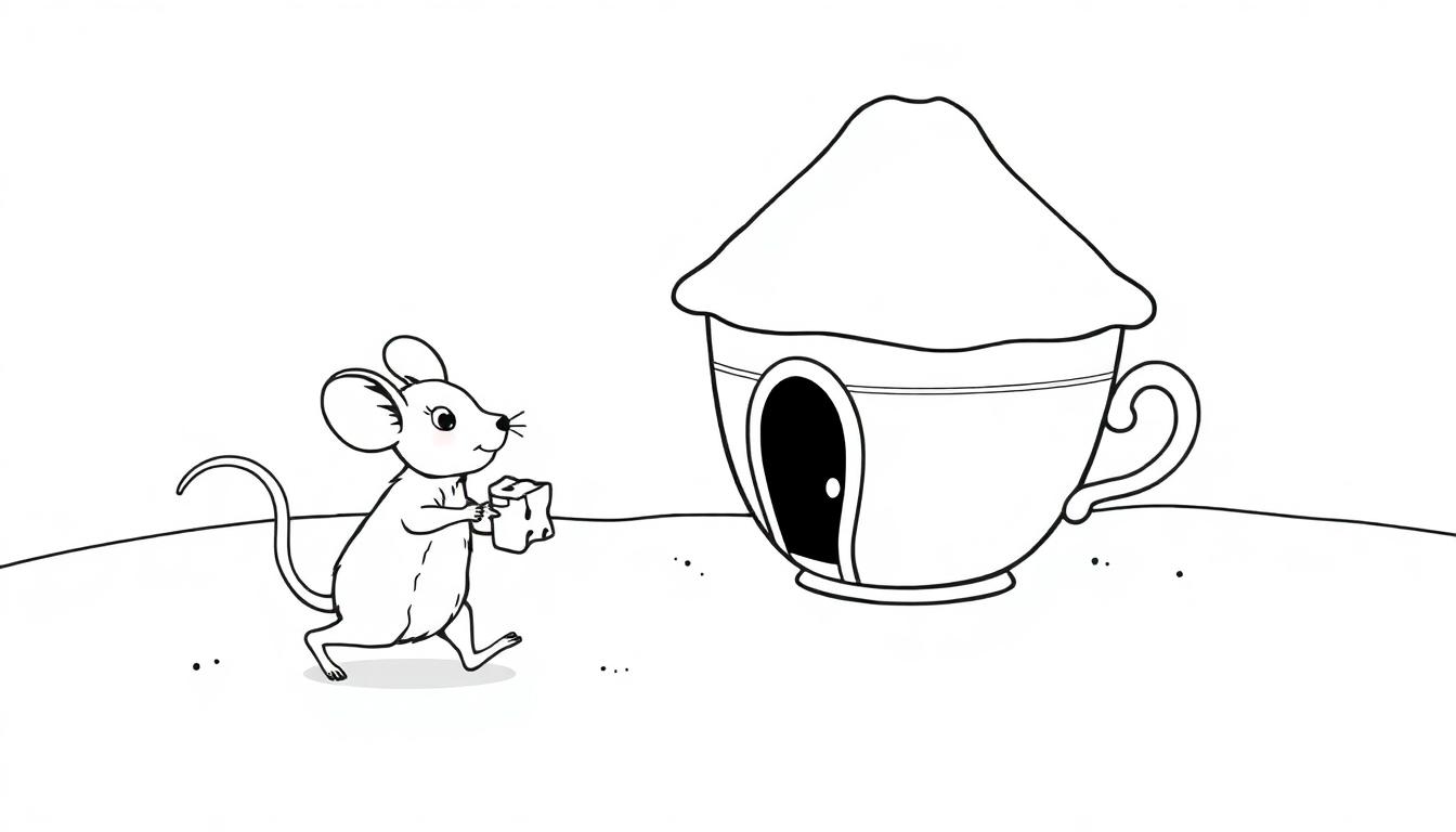 Kleurplaat van een schattig muisje met kaas dat naar een huisje in de vorm van een kopje loopt.