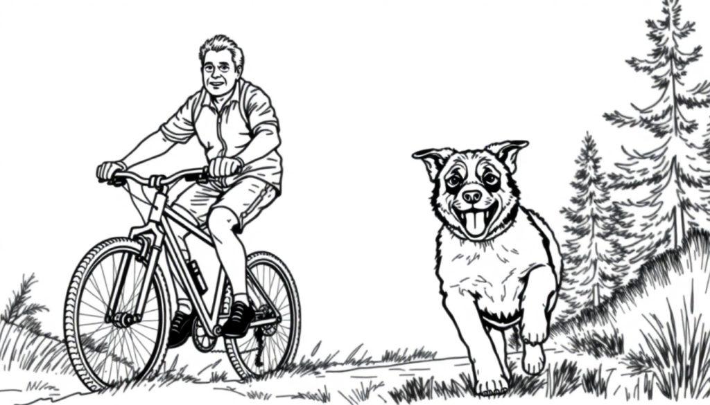 Kleurplaat van een sportieve man op een fiets met een vrolijke hond die naast hem rent in een natuurlijke omgeving.
