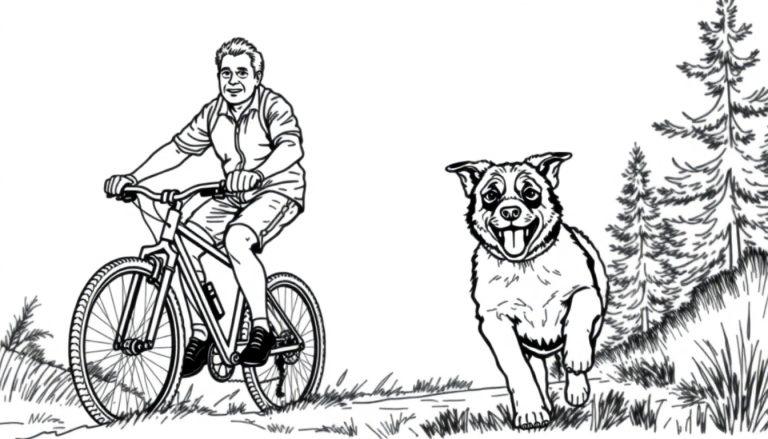 Kleurplaat van een sportieve man op een fiets met een vrolijke hond die naast hem rent in een natuurlijke omgeving.