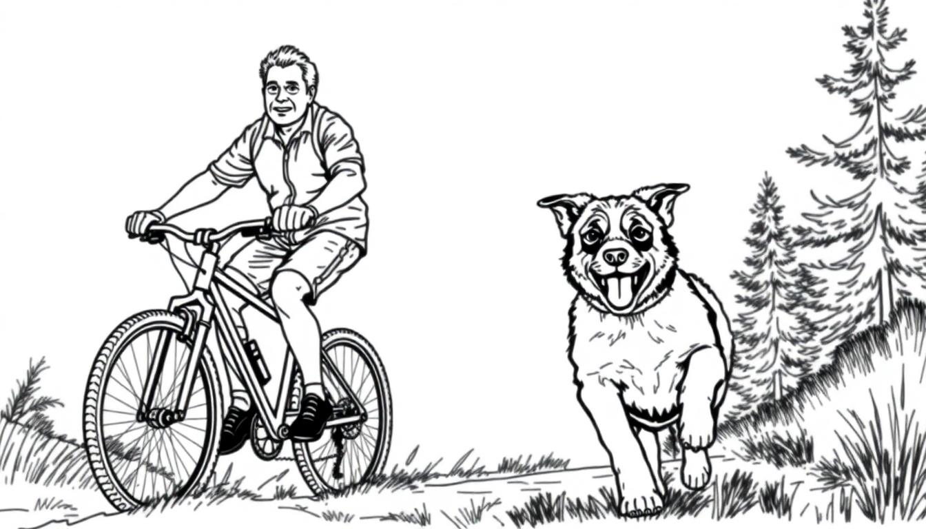Kleurplaat van een sportieve man op een fiets met een vrolijke hond die naast hem rent in een natuurlijke omgeving.