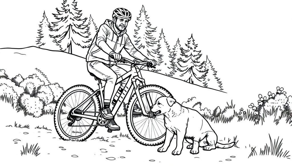 Kleurplaat van een man op een fiets met een hond in een bosrijke omgeving.