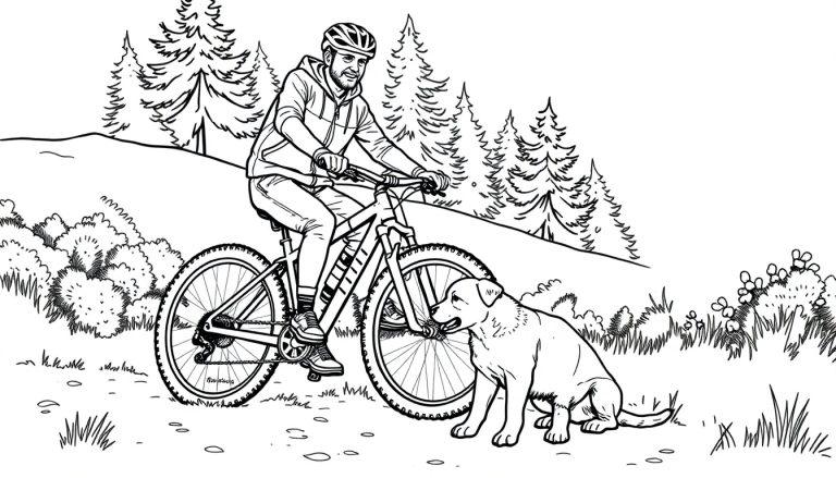 Kleurplaat van een man op een fiets met een hond in een bosrijke omgeving.